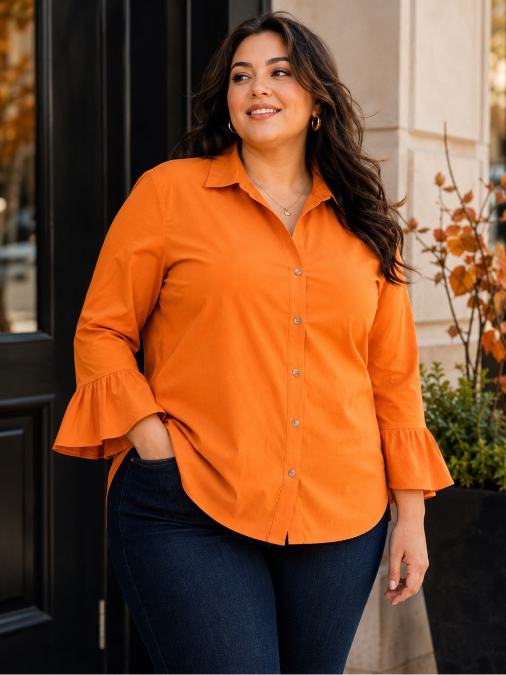 Foxcroft Non Iron Stretch Button Down Shirt 16W Orange Ruffle Bell Sleeve